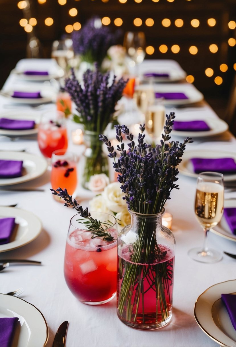 A table with lavender-infused cocktails and wedding decor