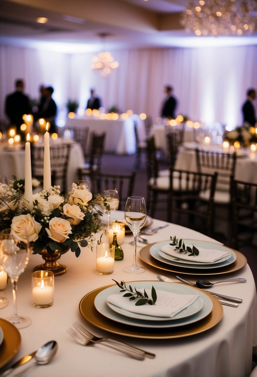 A table set with elegant dinnerware and candles, creating a romantic and dreamy ambiance for a wedding reception