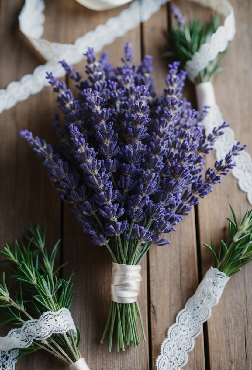 A group of lavender boutonnières arranged on a rustic wooden table, surrounded by sprigs of fresh lavender and delicate lace ribbons