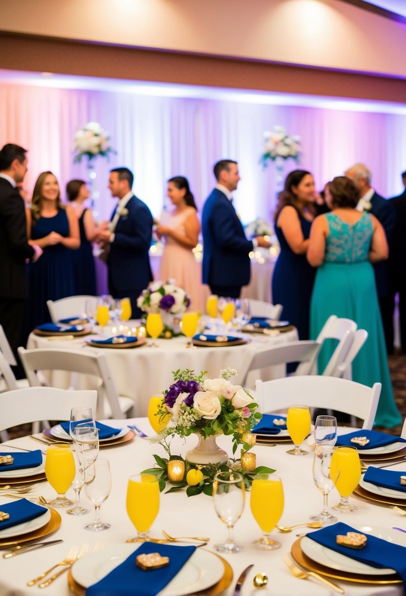 Colorful table settings with personalized favors and elegant centerpieces. Guests mingle around the beautifully decorated reception area