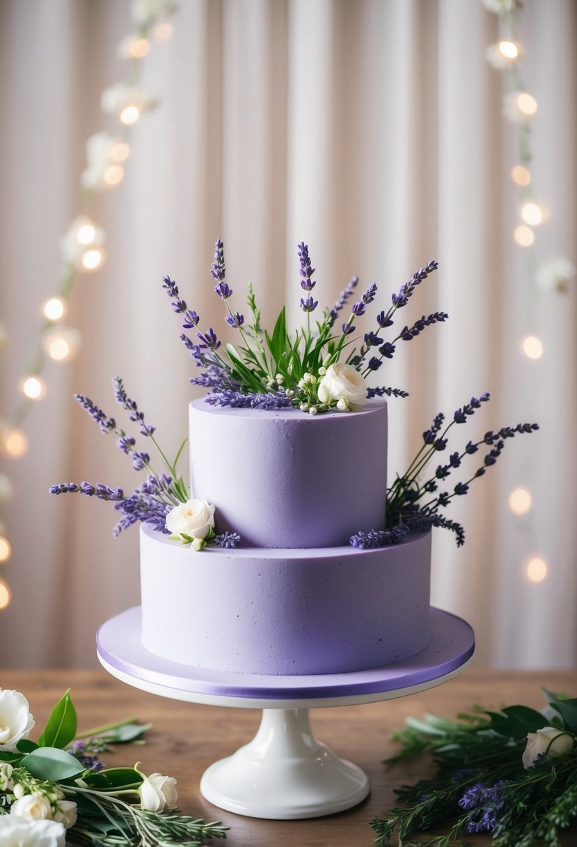 A lavender cake surrounded by fresh lavender sprigs and other floral accents, set against a soft, romantic wedding backdrop