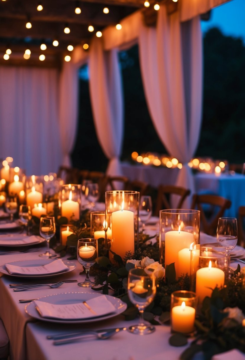 Warm candlelight illuminates an elegant outdoor wedding reception, casting soft, romantic shadows on the tables and creating a cozy, intimate atmosphere