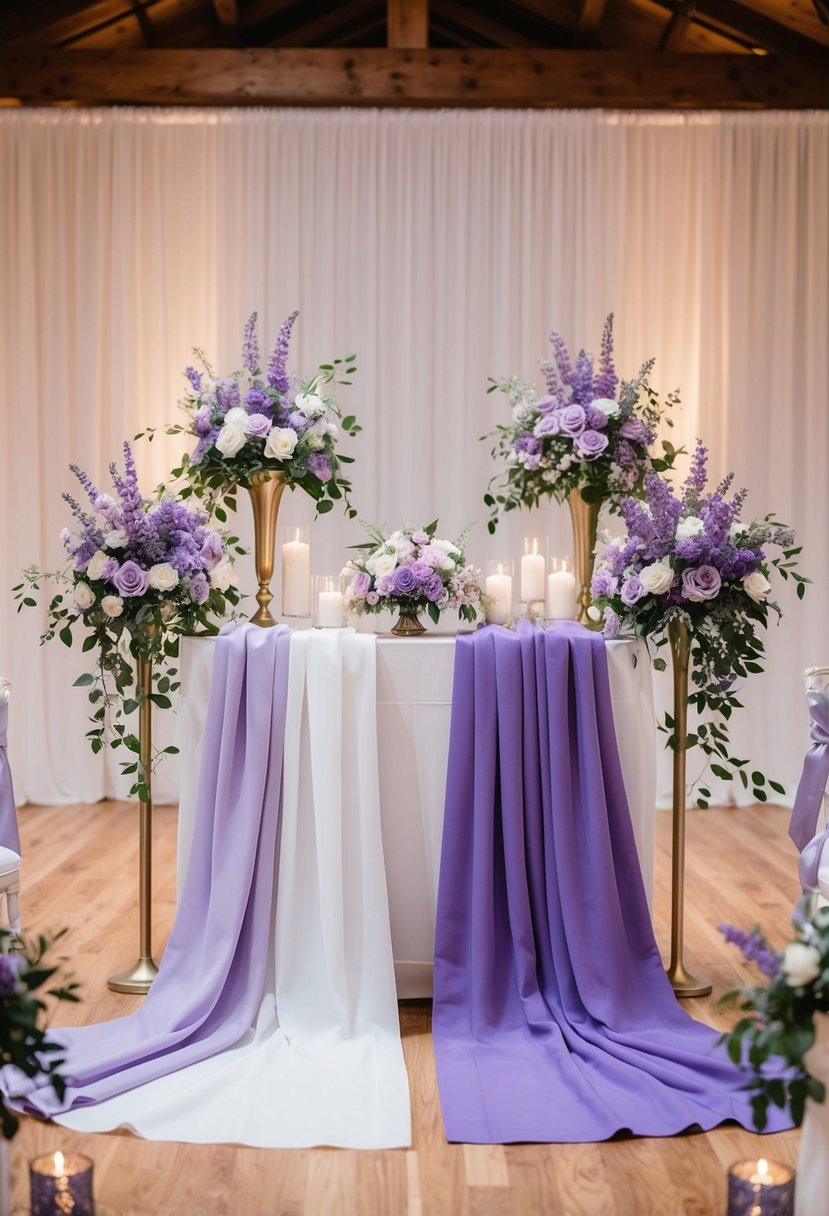 Lavender and lilac fabrics draped over a wedding altar, with floral arrangements and candles