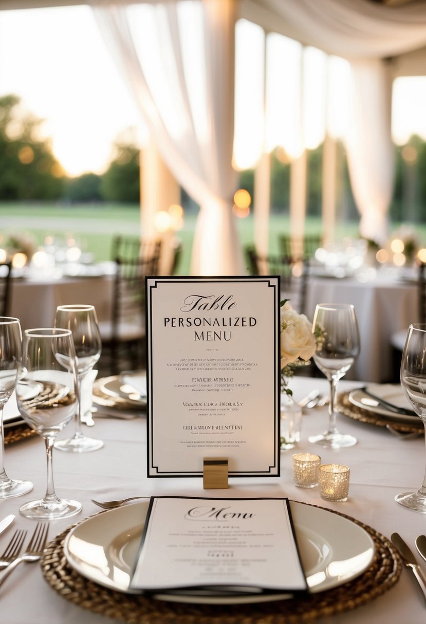 Each table at the wedding reception is set with a personalized menu, featuring elegant design and individualized details for each guest