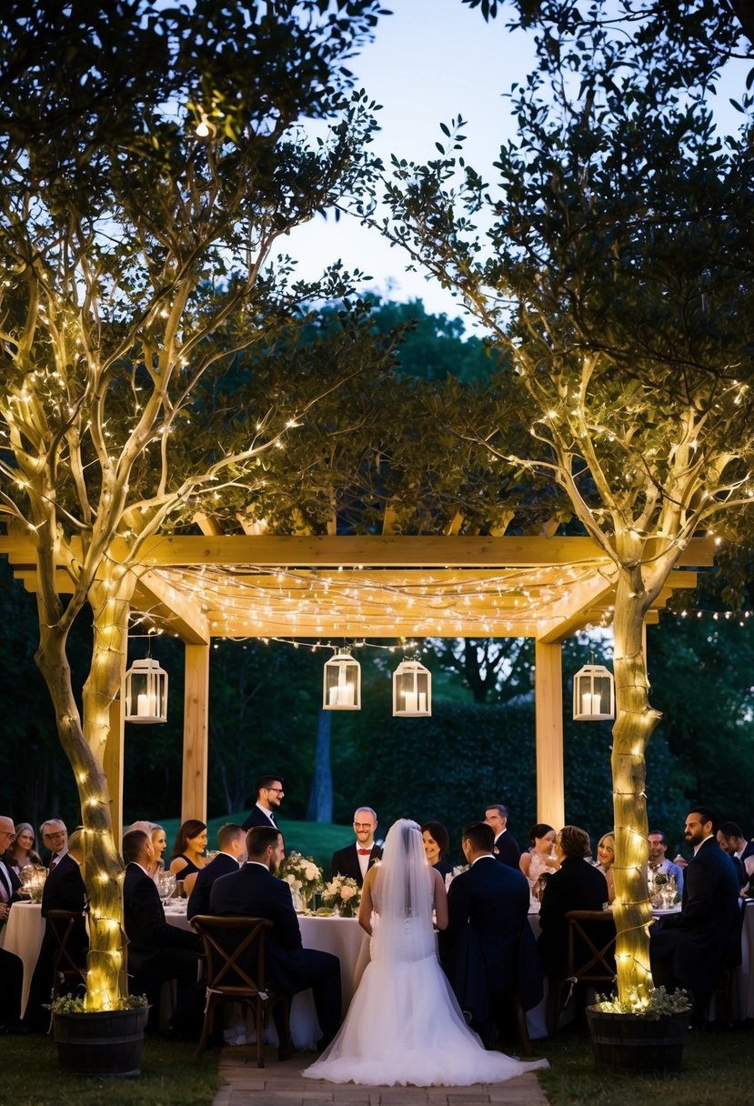 Soft fairy lights wrap around tree branches, casting a warm glow over the outdoor wedding reception. Lanterns hang from the pergola, illuminating the intimate gathering