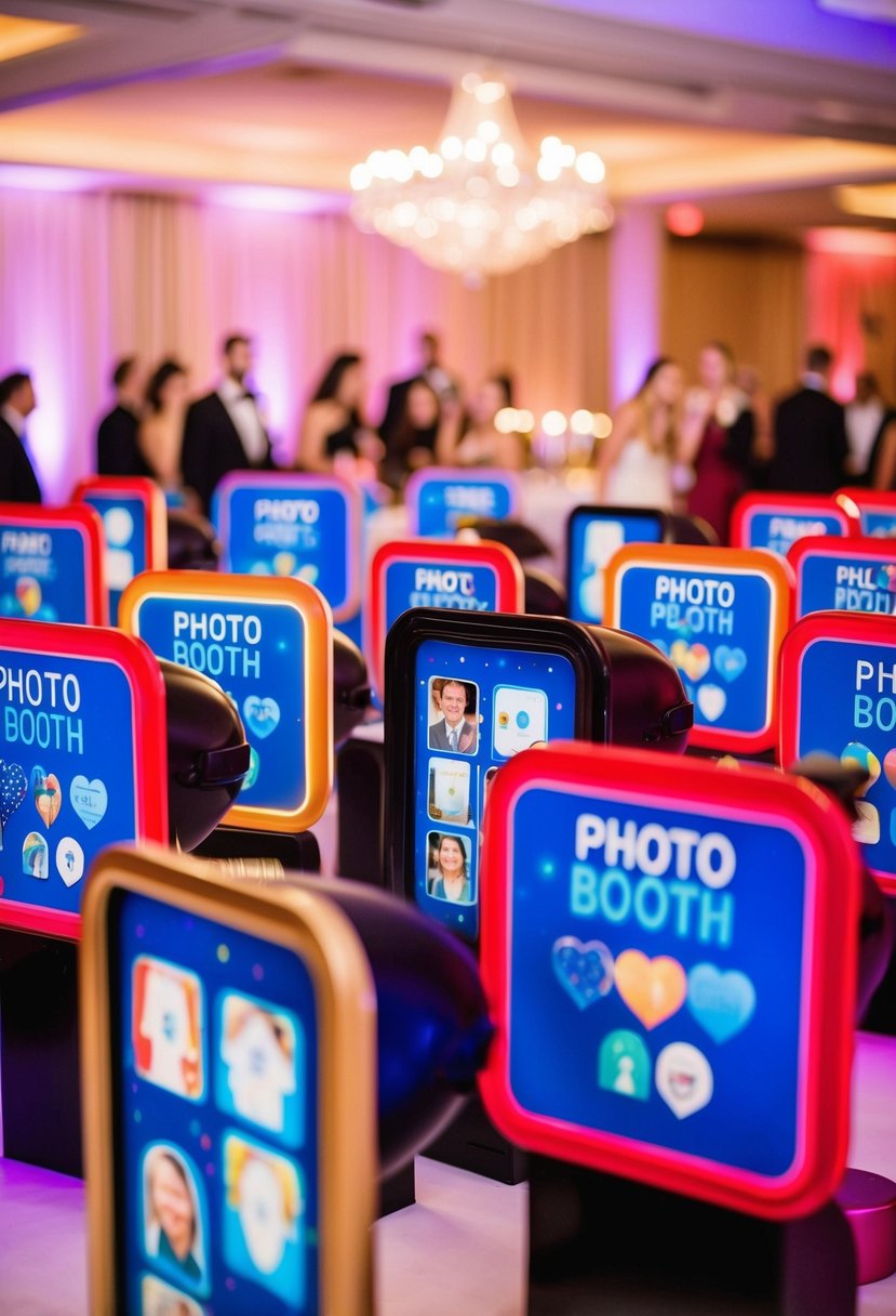 A colorful array of interactive photo booths at a lively wedding reception