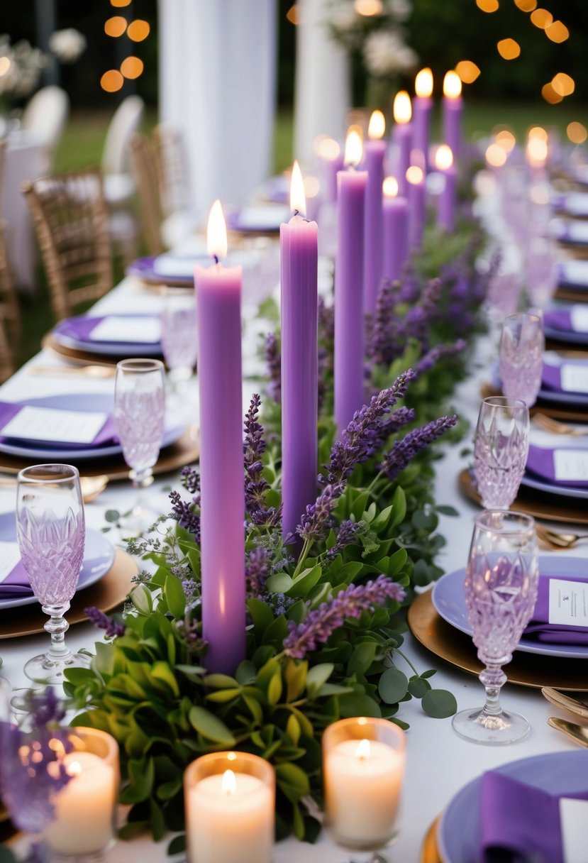 A table adorned with lavender-scented candles, surrounded by lavender wedding decor and floral arrangements