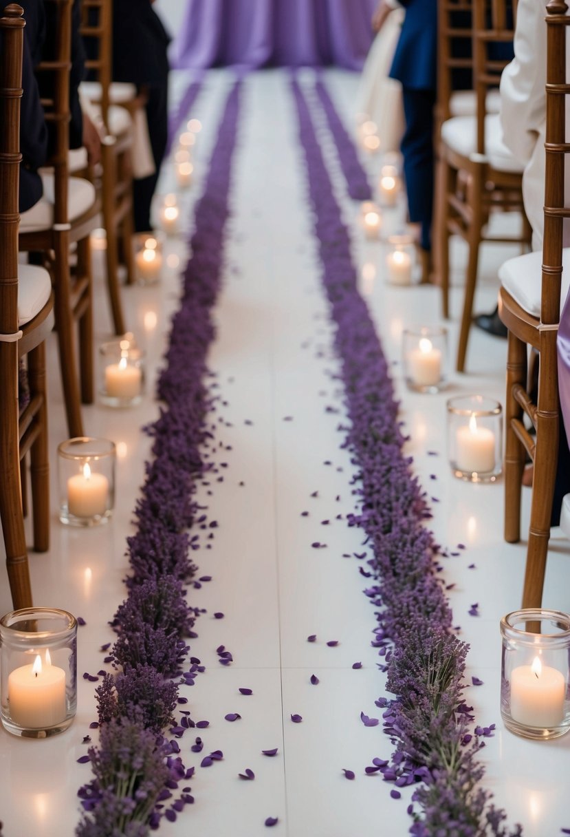 Aisle lined with lavender petals leading to a wedding ceremony