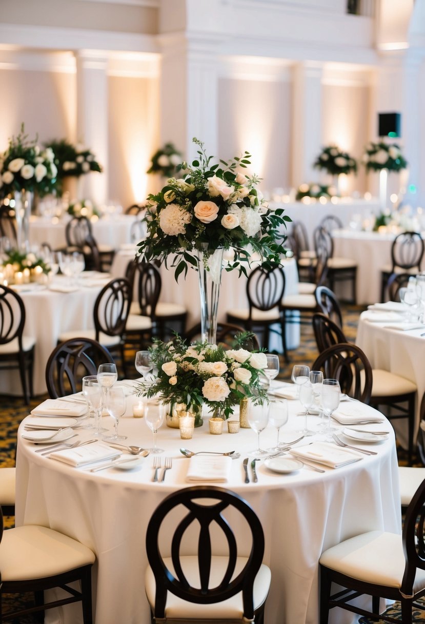 Elegant high-top tables arranged for a wedding reception, adorned with floral centerpieces and surrounded by stylish chairs for socializing