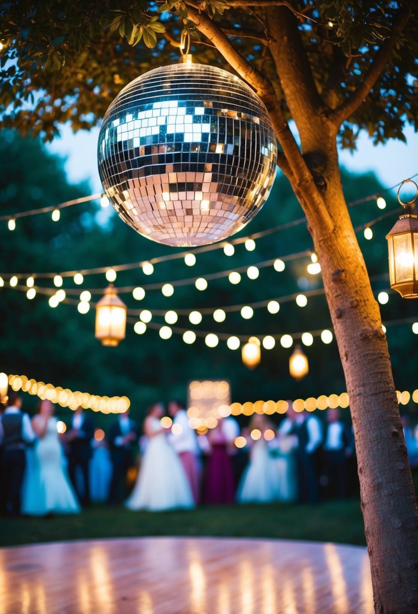 A disco ball hangs from a tree, casting shimmering light onto the dance floor. Neon signs and lanterns illuminate the outdoor wedding venue