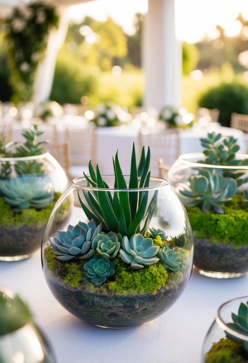 Lush greenery and delicate succulents fill glass terrariums atop white tablecloths at a wedding reception