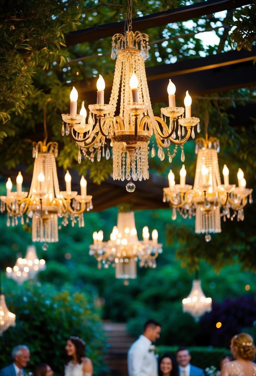 A garden adorned with vintage chandeliers, casting a warm glow over an outdoor wedding celebration