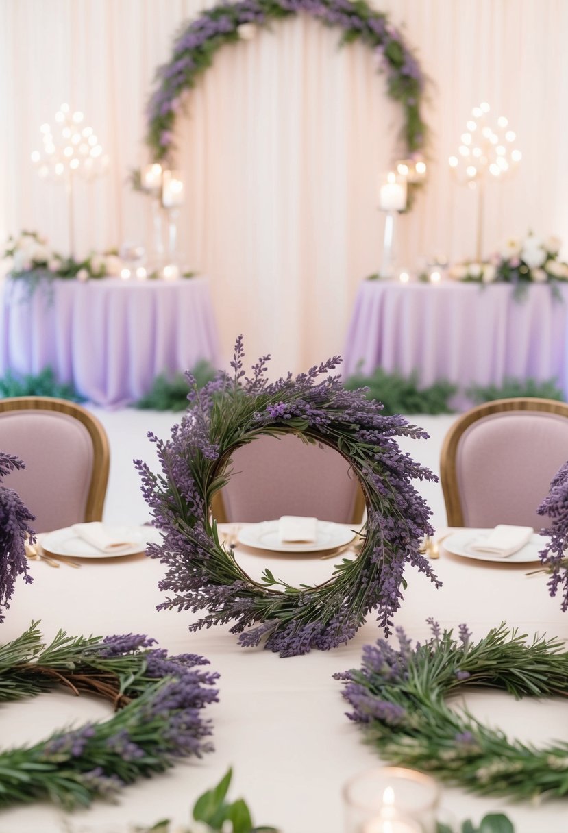 A table adorned with lavender wreaths and sprigs, set against a backdrop of soft, pastel decor, creating a serene and elegant reception atmosphere