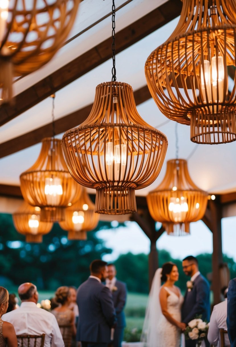 An outdoor wedding scene with rattan chandeliers casting warm, ambient light over the venue