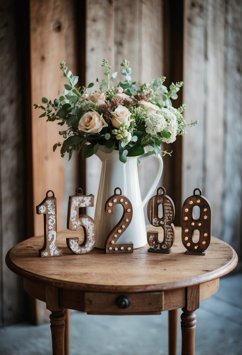 A vintage, wooden table adorned with charming, rustic numbers