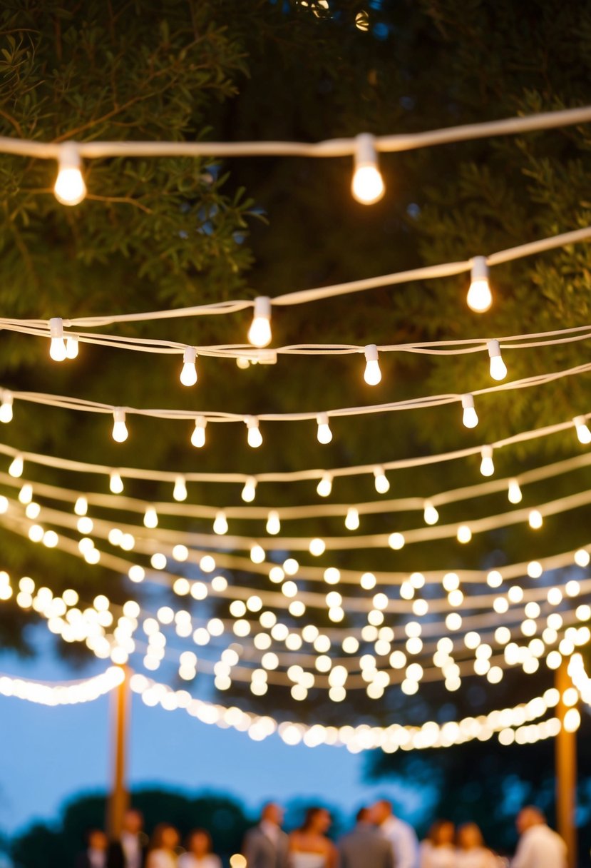 Warm white string lights drape overhead, creating a soft, romantic glow for an outdoor wedding