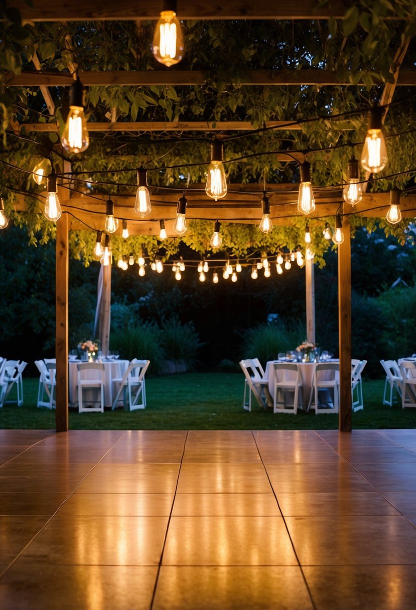 A garden dance floor is illuminated by hanging Edison bulbs, creating a warm and romantic ambiance for an outdoor wedding celebration