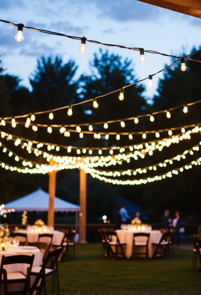 Fairy lights cascade over an outdoor wedding venue, creating a magical and romantic ambiance