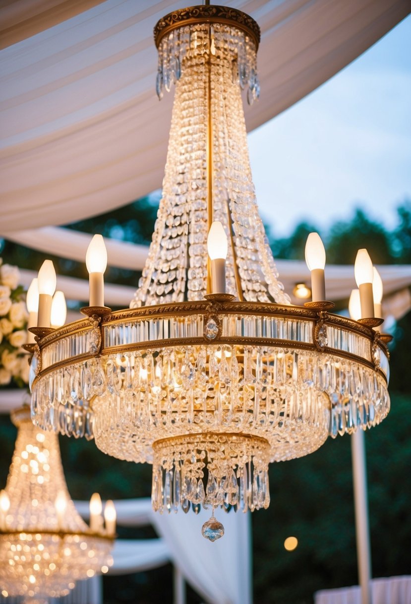 A grand crystal chandelier hangs from a canopy, casting a warm glow over the outdoor wedding reception. The intricate details and sparkling crystals make it the focal point of the elegant lighting design