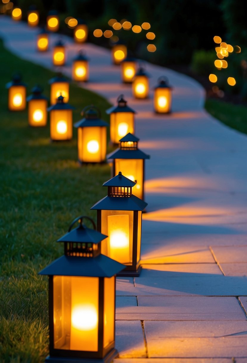 Lanterns casting a warm glow along a winding outdoor walkway, creating a romantic and enchanting atmosphere for a wedding celebration