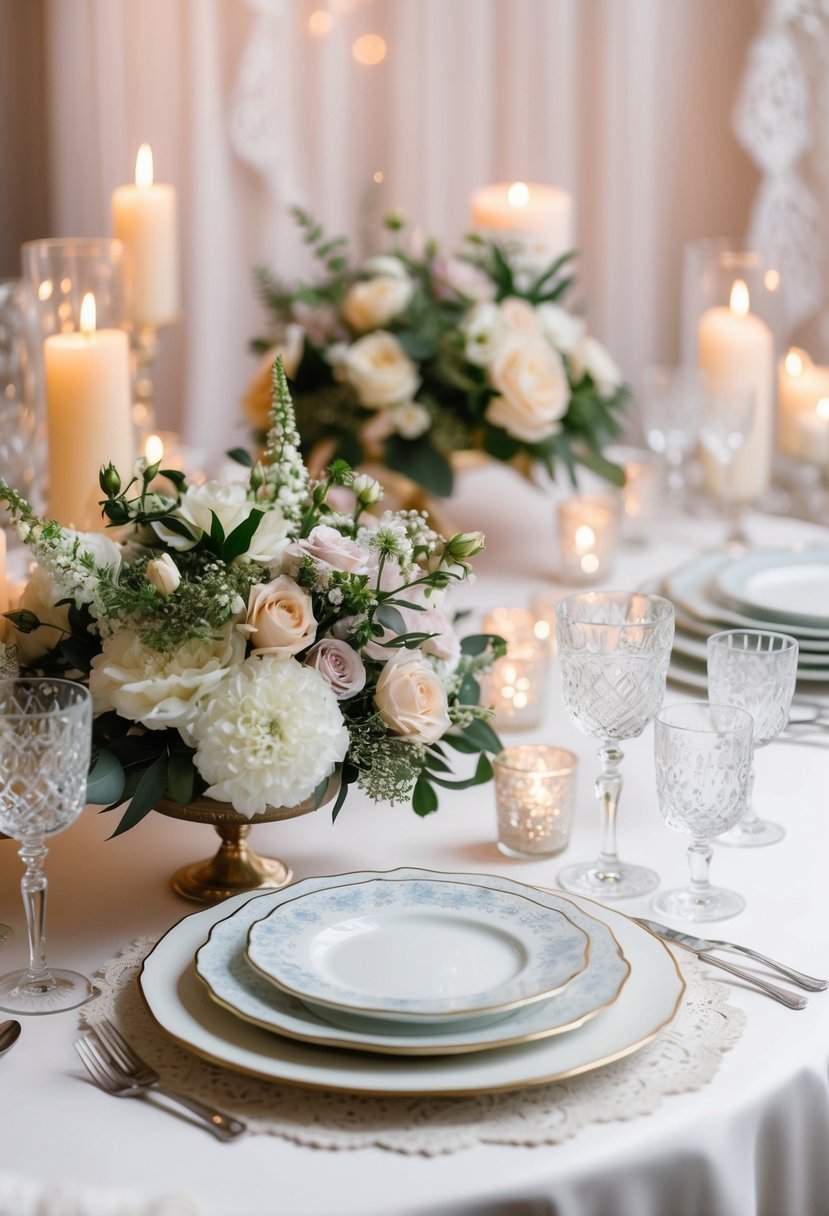 A table adorned with elegant floral centerpieces, fine china, and sparkling crystal glassware, set against a backdrop of soft candlelight and delicate lace accents