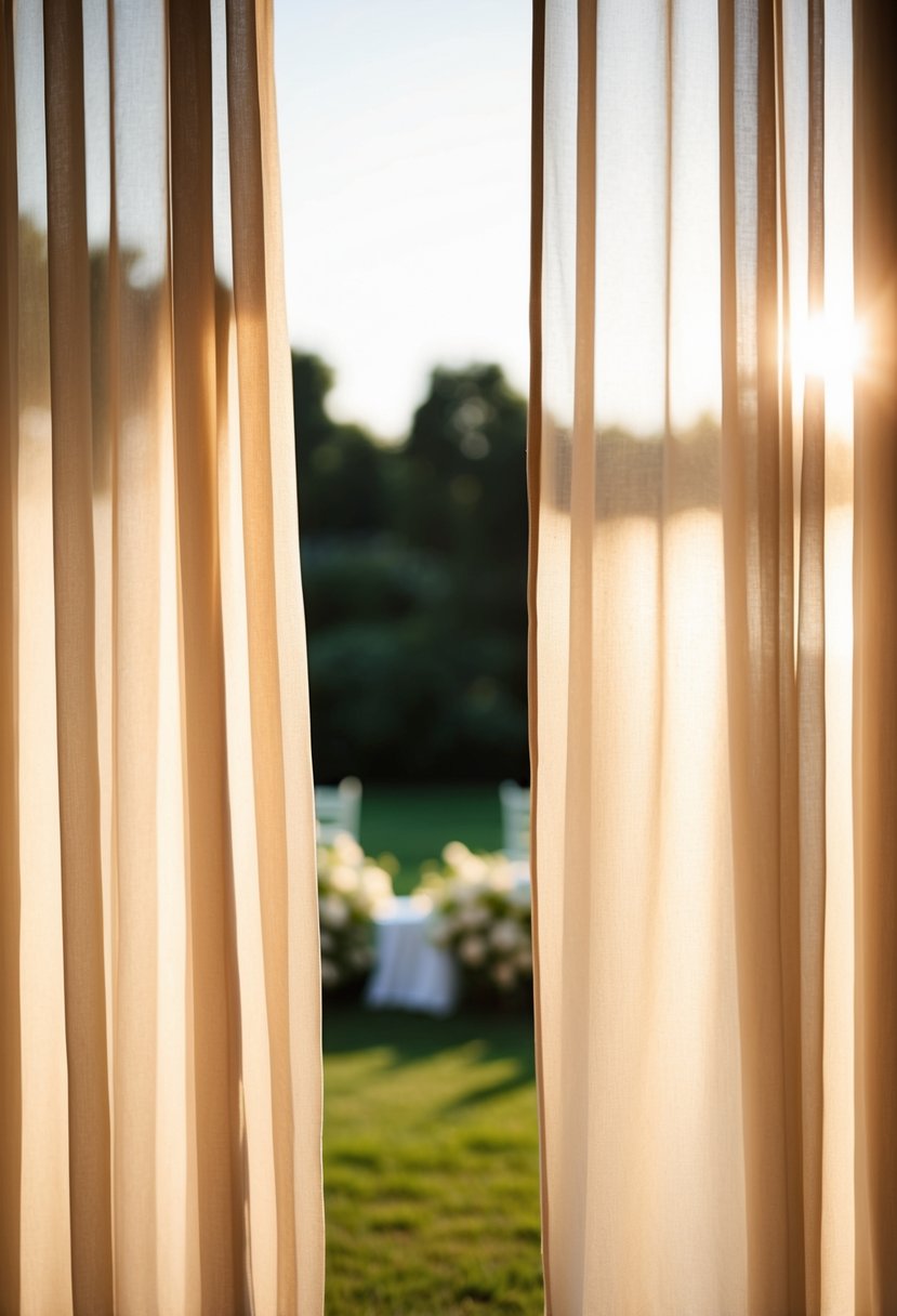 Soft, warm light filters through sheer curtains, creating a romantic backdrop for an outdoor wedding