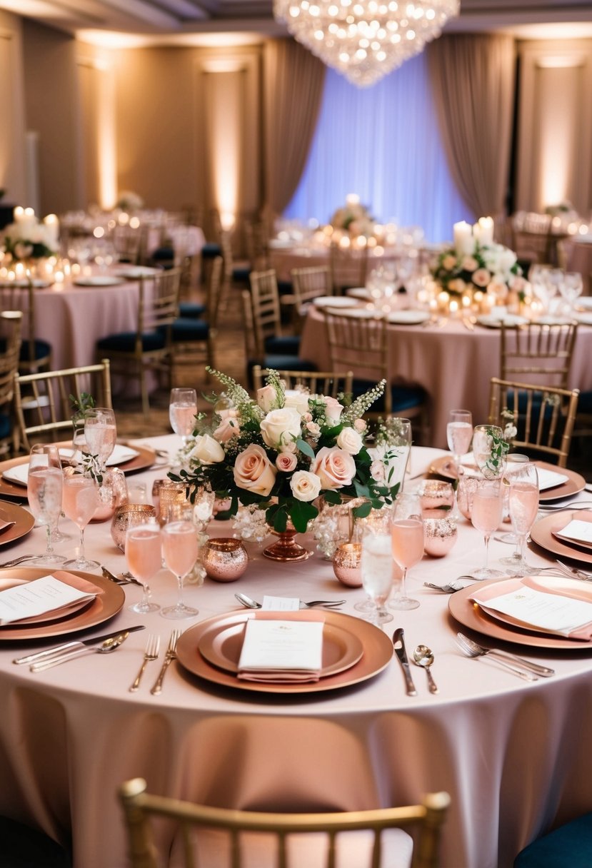 A lavish rose gold wedding banquet with elegant table settings, floral centerpieces, and shimmering decor