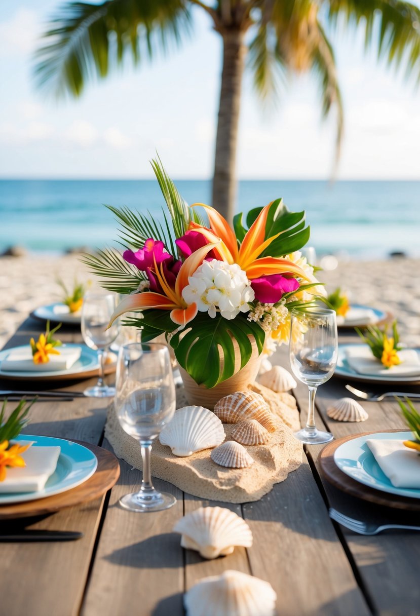 A beach-themed wedding place setting with seashells, sand, and tropical flowers arranged on a wooden table with ocean views