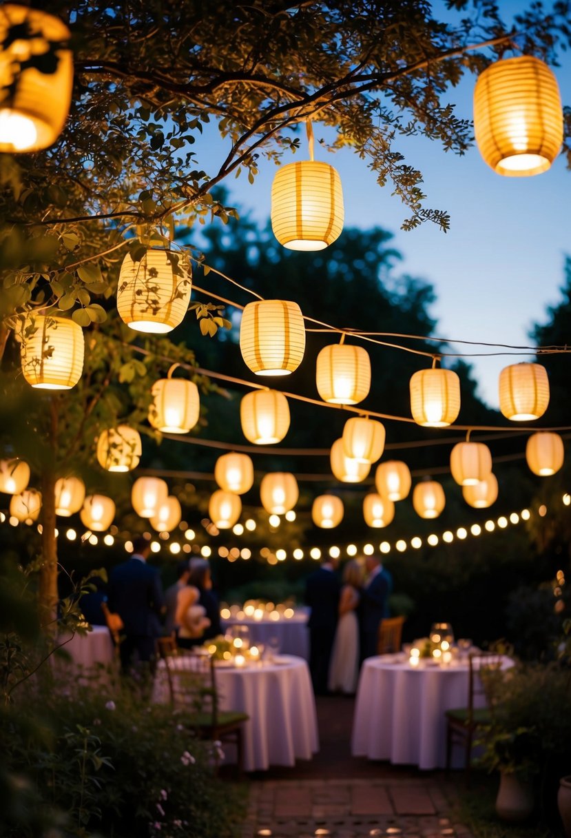 A garden at dusk, adorned with glowing solar paper lanterns, casting a warm and romantic light over an outdoor wedding celebration