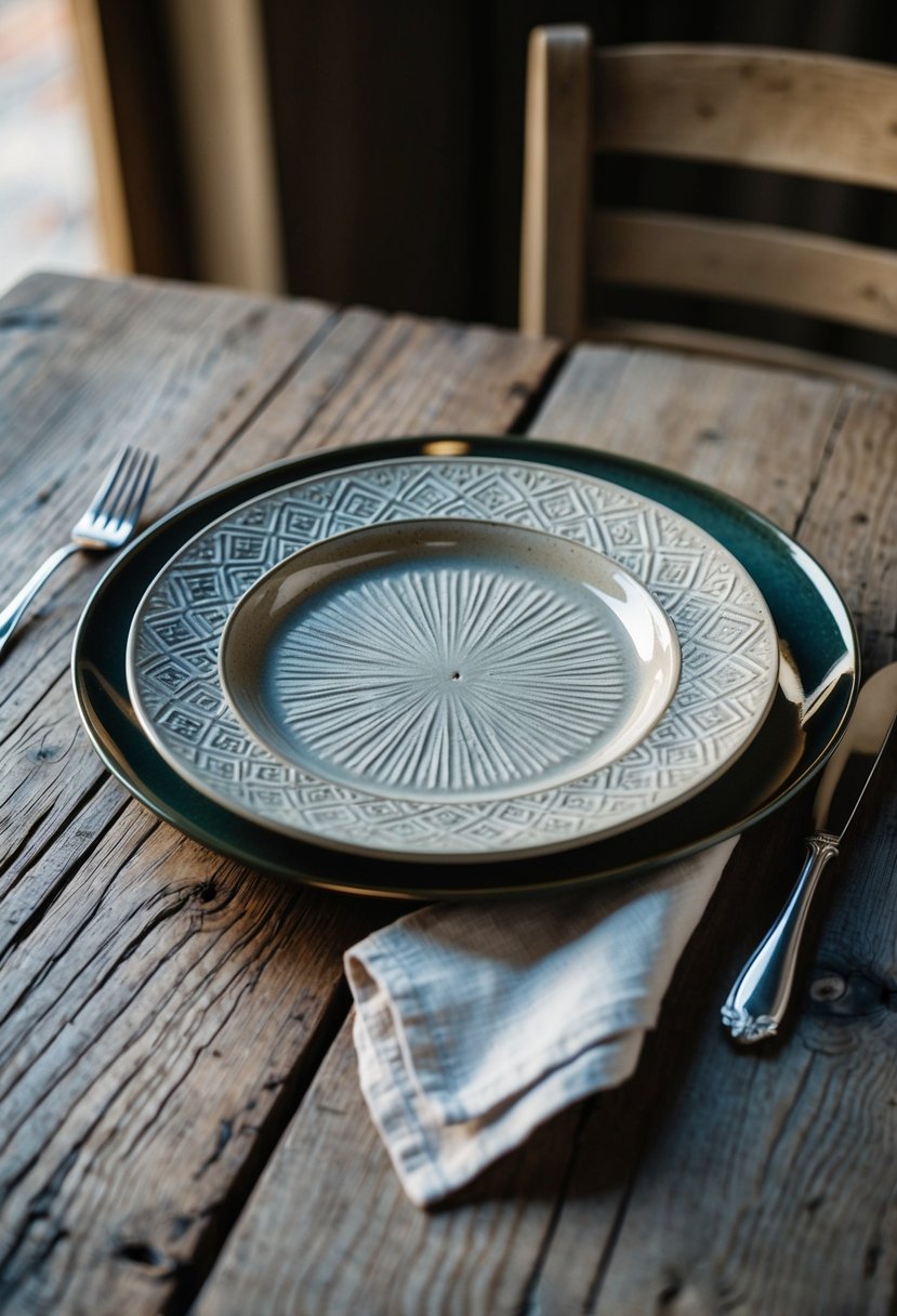 A textured ceramic plate with intricate patterns sits atop a rustic wooden table, accompanied by polished silverware and a delicate linen napkin