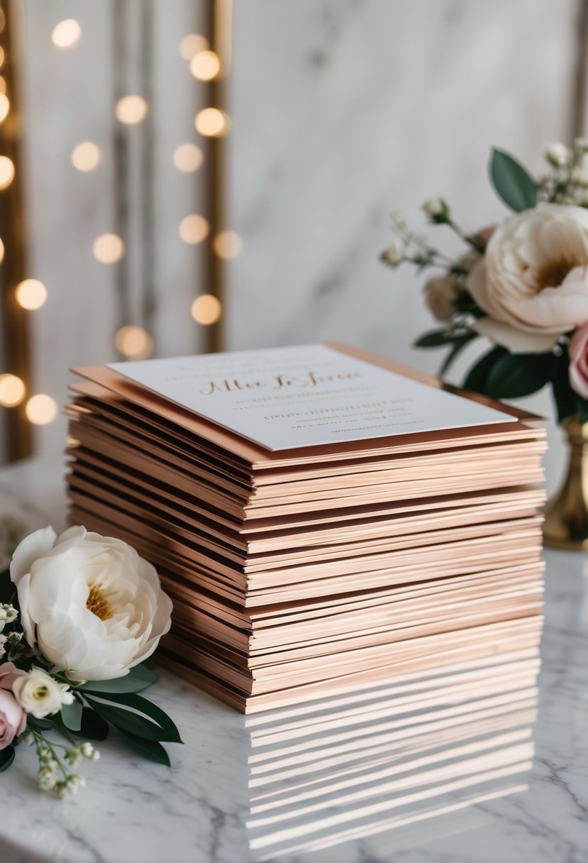 A stack of rose gold metallic lettering wedding invitations arranged on a marble table with elegant floral accents