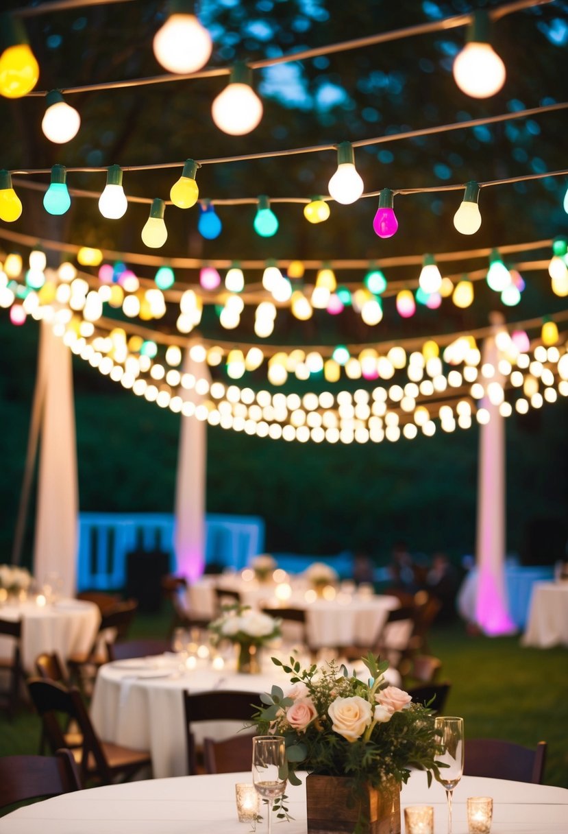 Colorful festoon lights hang above an outdoor wedding reception, casting a warm and romantic glow over the celebration