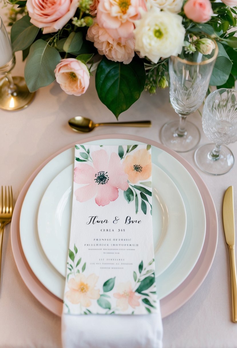 A watercolor floral motif adorns a wedding place setting, with delicate brushstrokes and pastel colors creating an elegant and romantic atmosphere