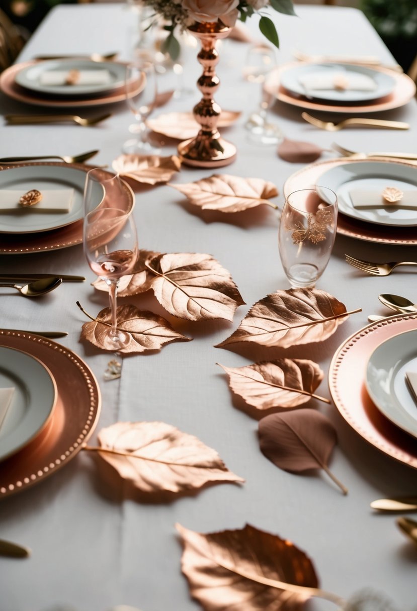 Rose gold leaves scattered around a wedding table with rose gold accents and decor