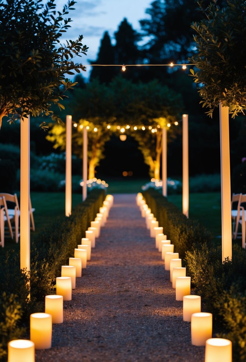 A garden wedding at dusk, with LED candles illuminating the pathway and surrounding greenery