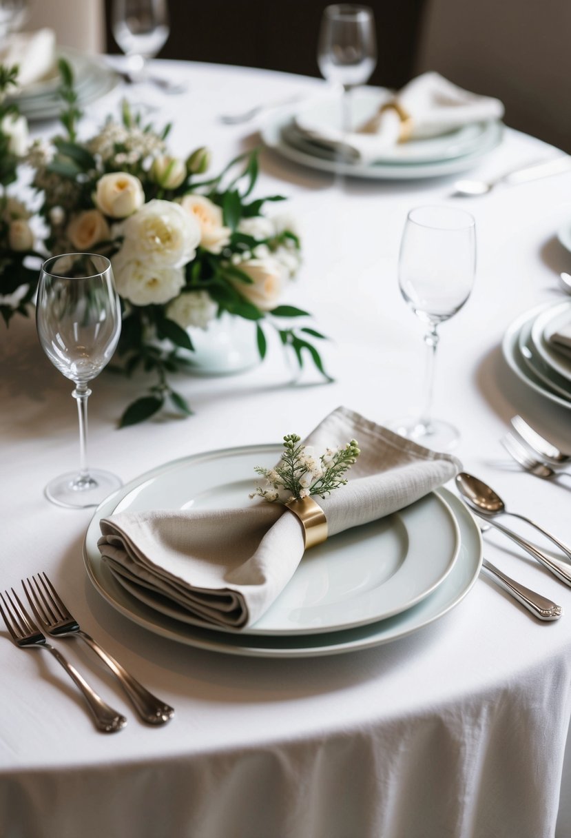 A white linen tablecloth topped with elegant dinnerware and a folded cloth napkin, accented with a delicate floral centerpiece