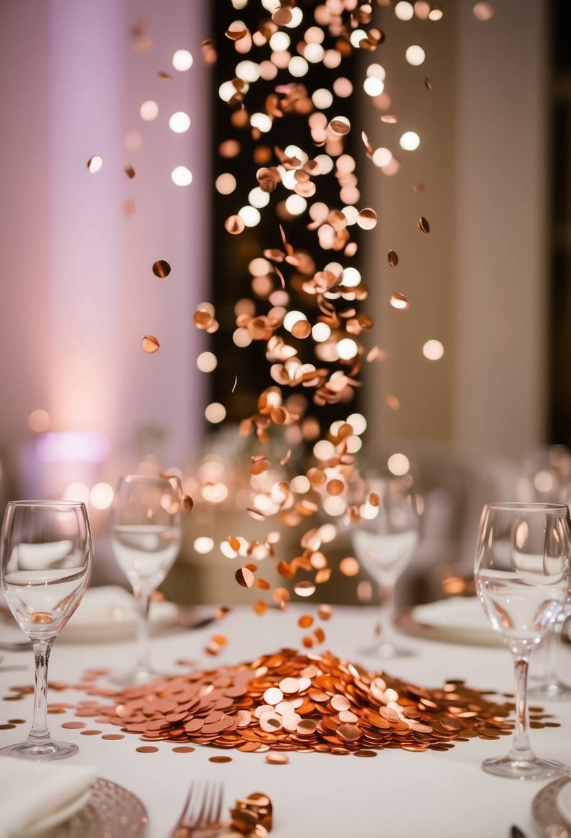 Rose gold confetti falling on an elegant wedding table with sparkling decorations