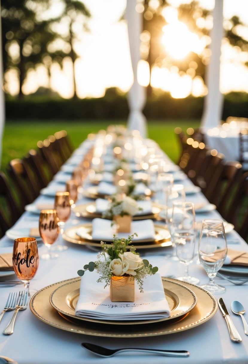 A beautifully set wedding table with personalized favors at each place setting