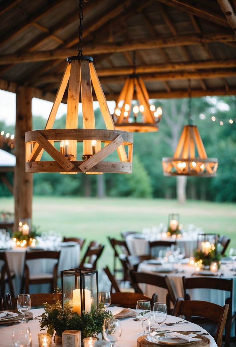 A rustic outdoor wedding setting with hanging reclaimed wood chandeliers illuminating the space