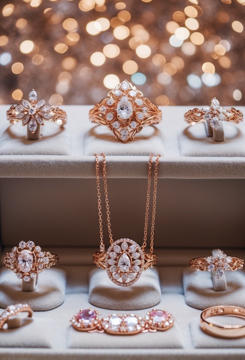 A collection of ornate rose gold jewelry pieces arranged on a velvet display, with delicate details and sparkling gemstones