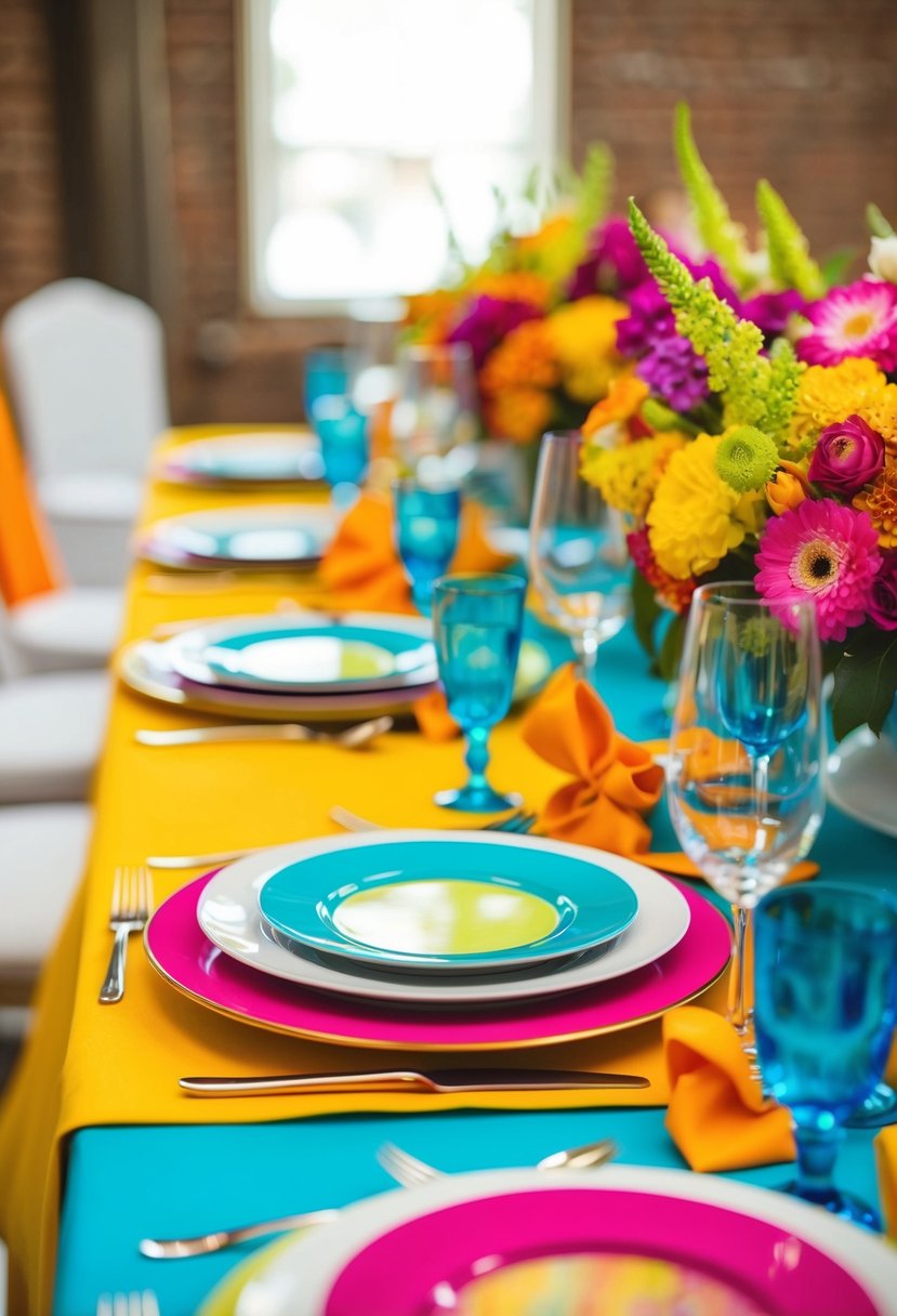 A table set with vibrant, colorful place settings, featuring bold and bright hues to create a lively and festive atmosphere for a wedding celebration