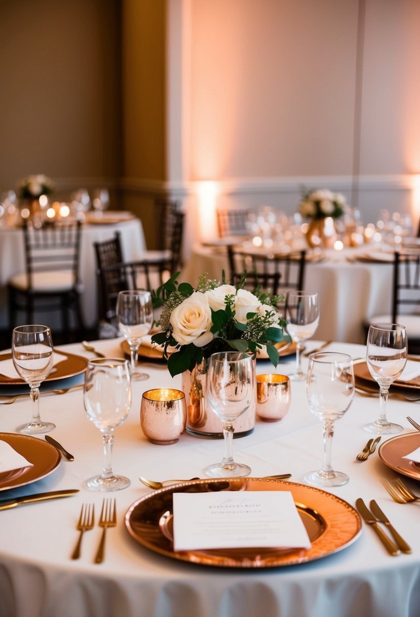 A table set with mercury glass centerpieces in rose gold tones for a wedding reception