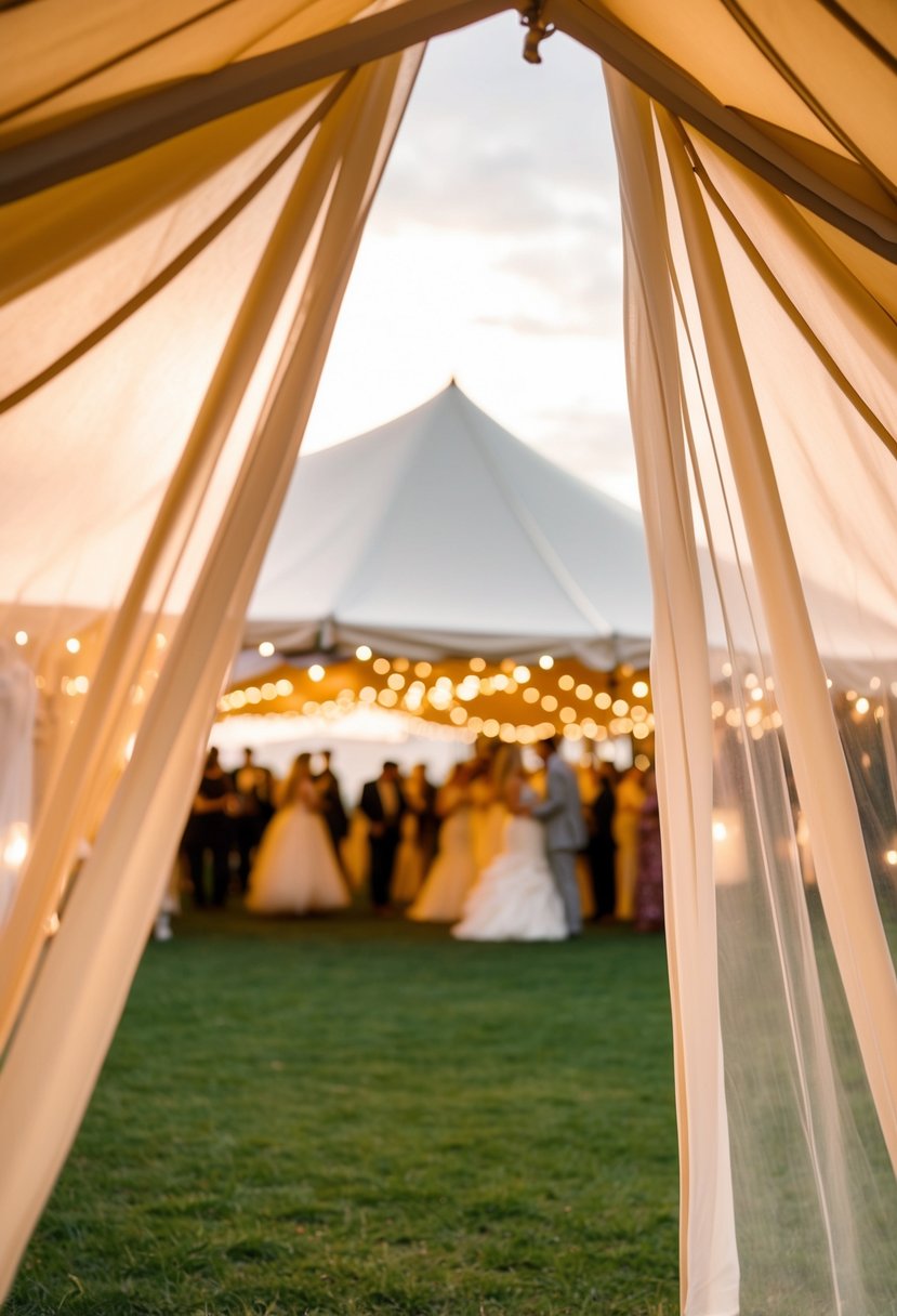 Soft, warm light spills from draped tents, casting a gentle glow over an outdoor wedding scene