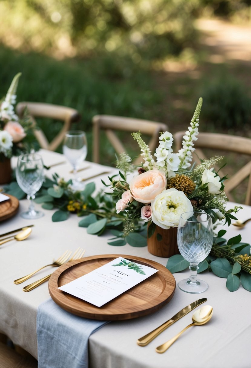 A rustic wedding place setting with wooden chargers, linen napkins, and floral centerpieces in a natural outdoor setting