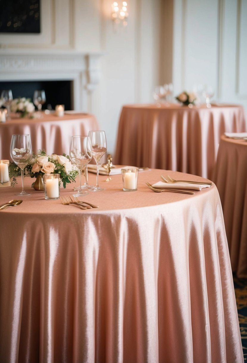 Shimmering rose gold linen tablecloths draped over elegant wedding tables