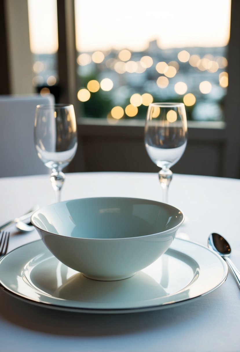 A square bowl sits on a white tablecloth with elegant silverware and a folded napkin