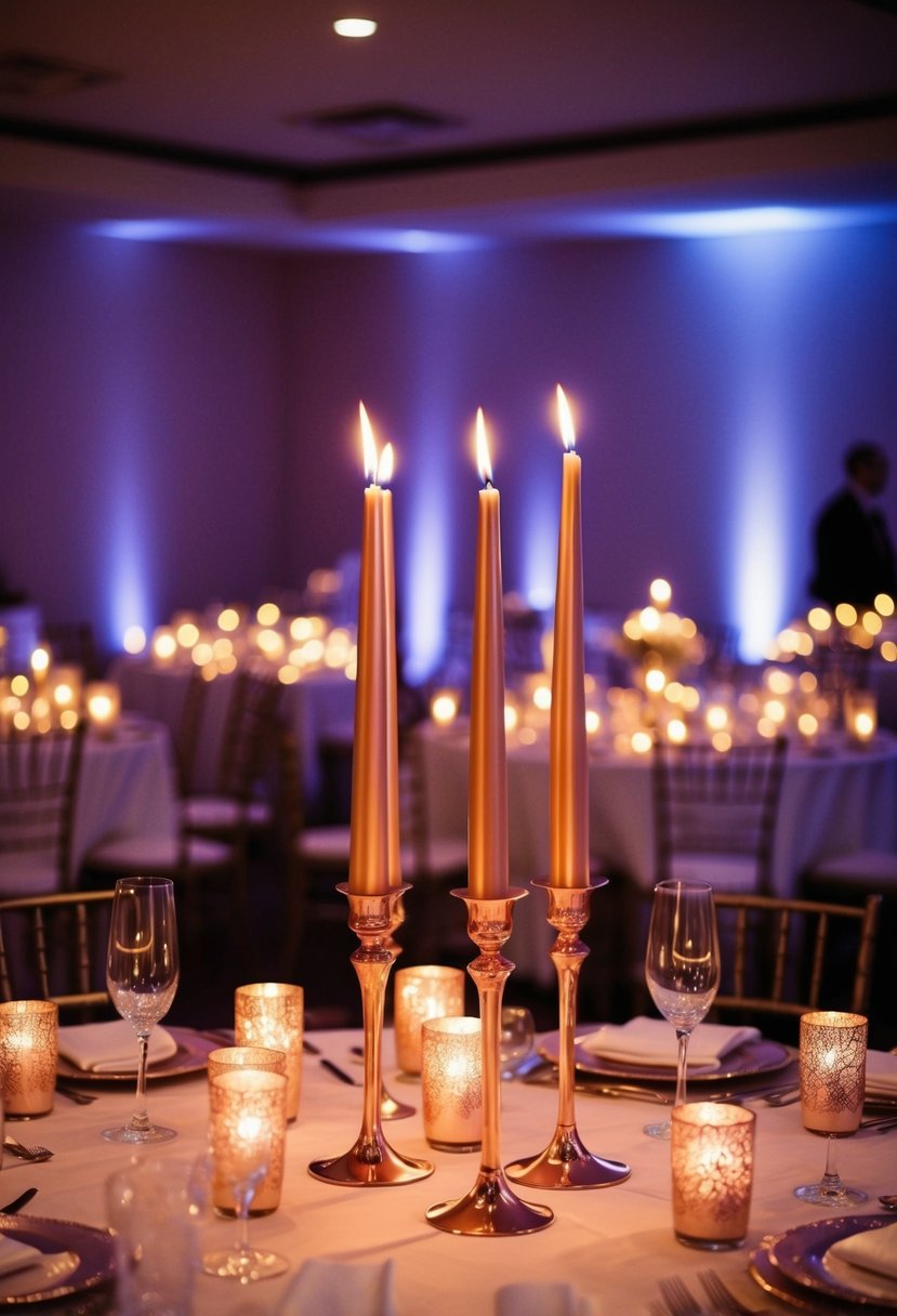 Rose gold candles flicker in a dimly lit room, casting a warm and romantic glow over a wedding reception. Tables are adorned with delicate candle holders and shimmering votives, creating an elegant and enchanting atmosphere