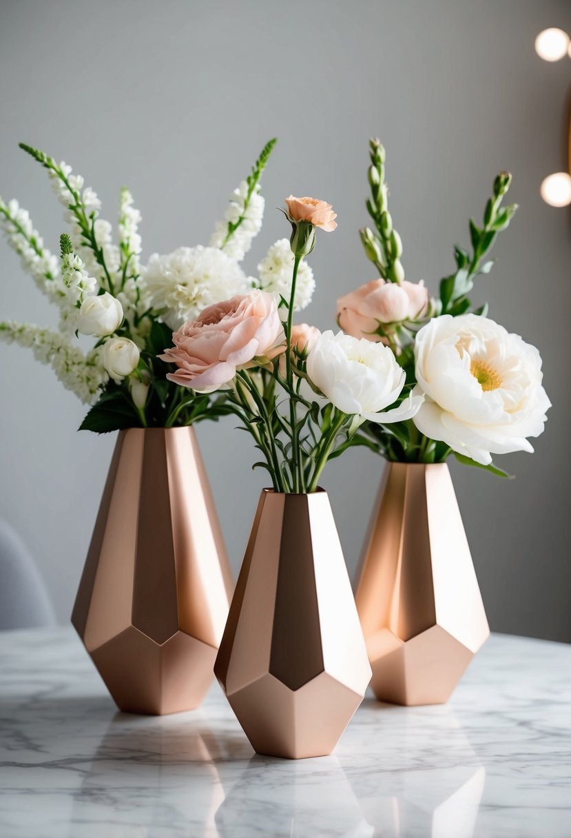 A trio of geometric vases in rose gold, each holding a different arrangement of white and blush flowers, set on a marble table