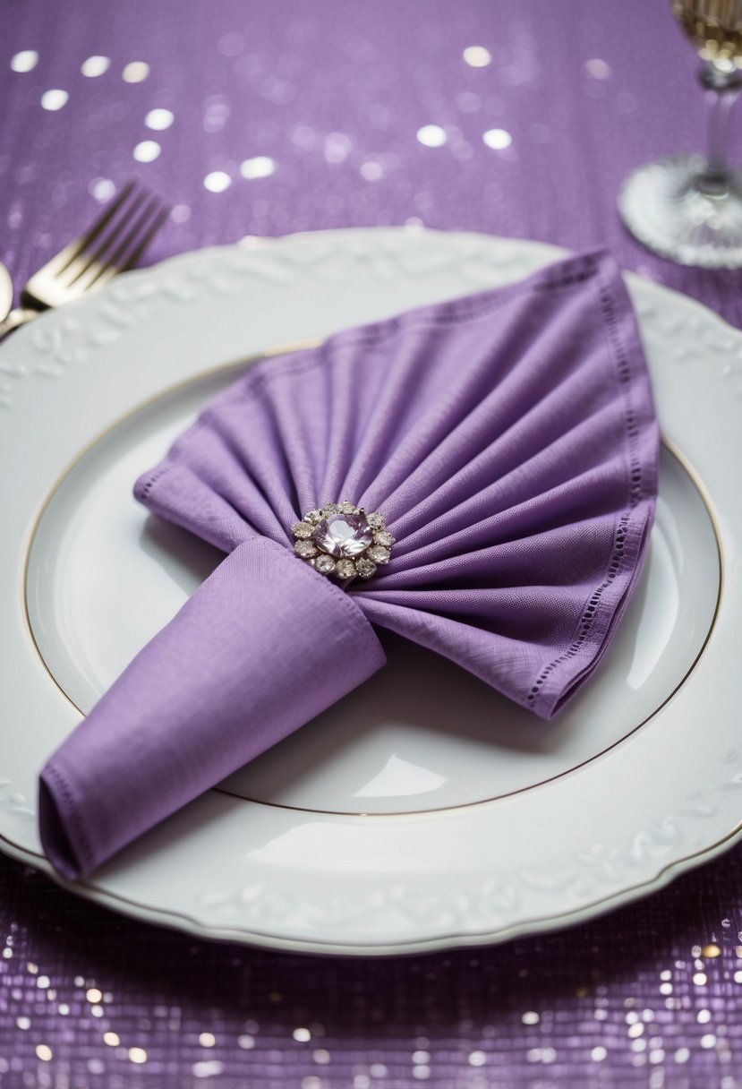 A lavender napkin folded into a delicate fan shape sits atop a white porcelain plate, adorned with a sparkling jewel accent