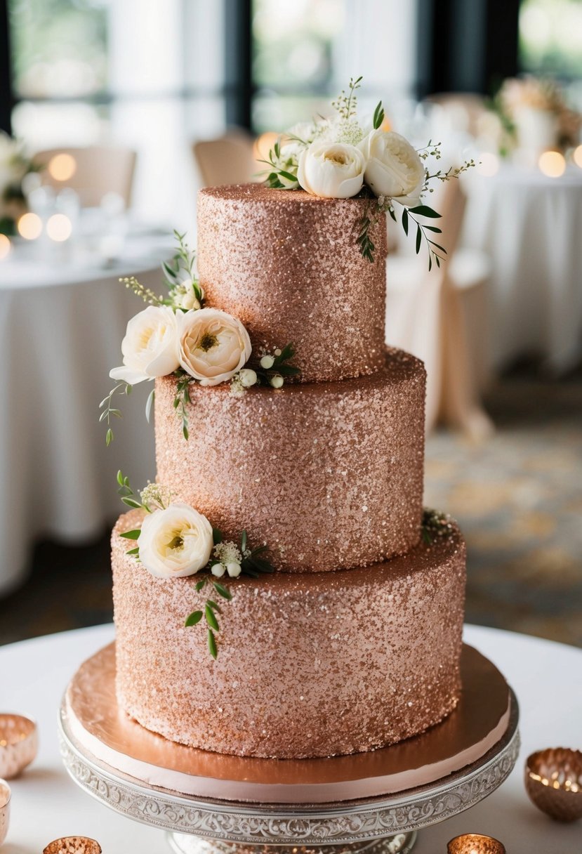 A three-tiered cake covered in rose gold glitter, adorned with delicate flowers and elegant swirls, sitting on a decorative stand